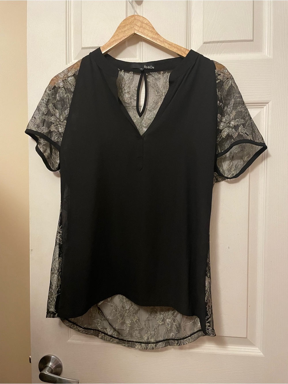 Ro & De Black V-Neck Blouse with Lace Sleeves